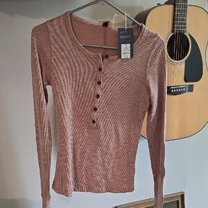 Women's Ribbed Henley Top - Redish In Color